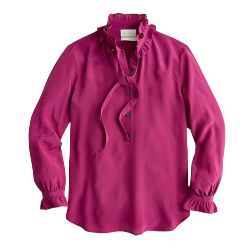 J. Crew Silk Classic Fit Ruffle Tie Neck Popover Fuschia Blouse - 4